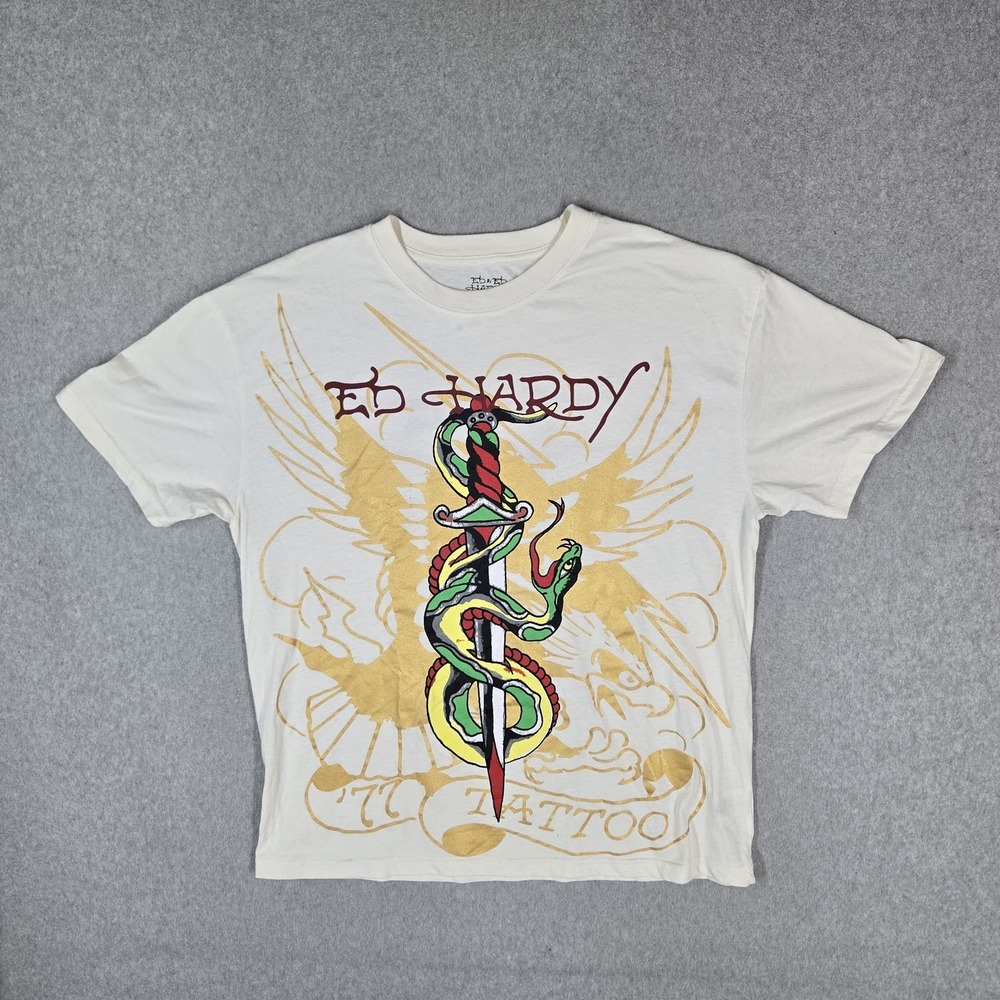 Ed Hardy Men Shirt M White Graphic Snake Dagger Logo Short Sleeve